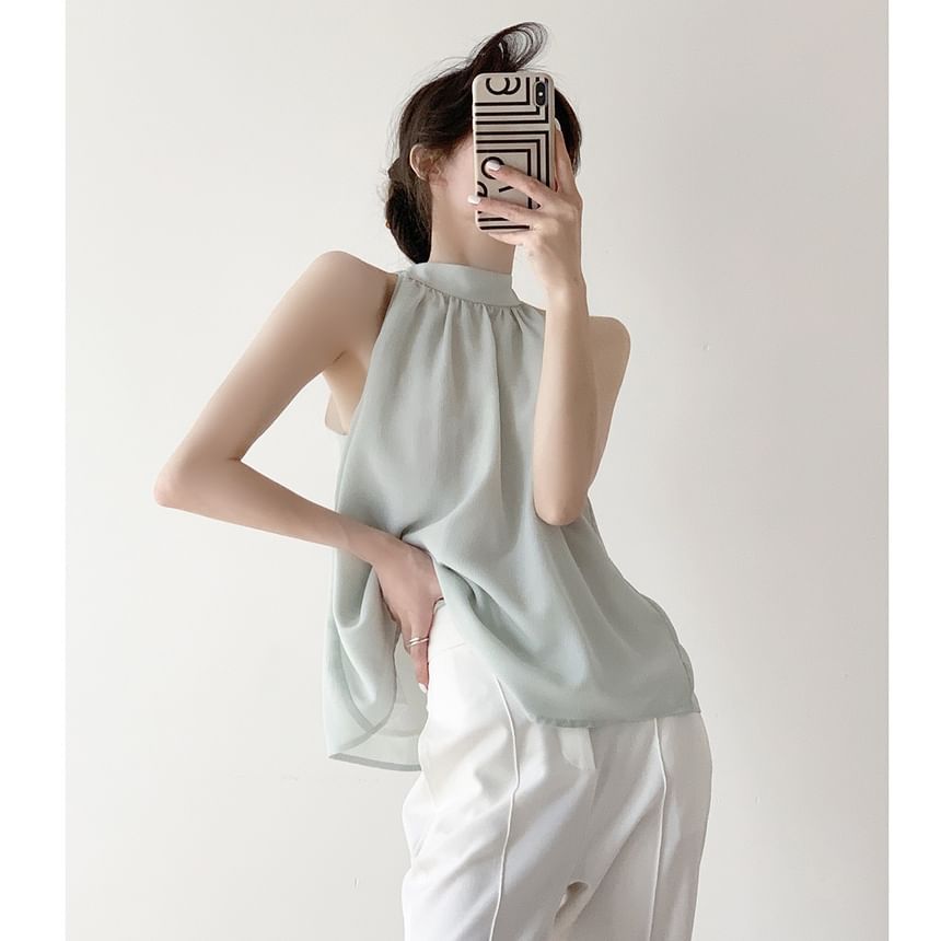 Janunu - Halterblouse met geplooide hals en effen kleur