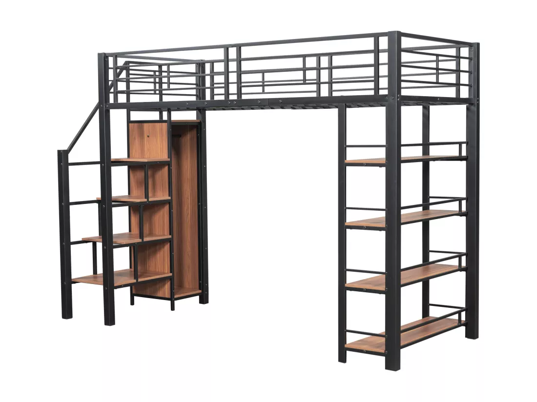 Lit mezzanine 90x200 cm - avec petite armoire et étagères de rangement - Noir