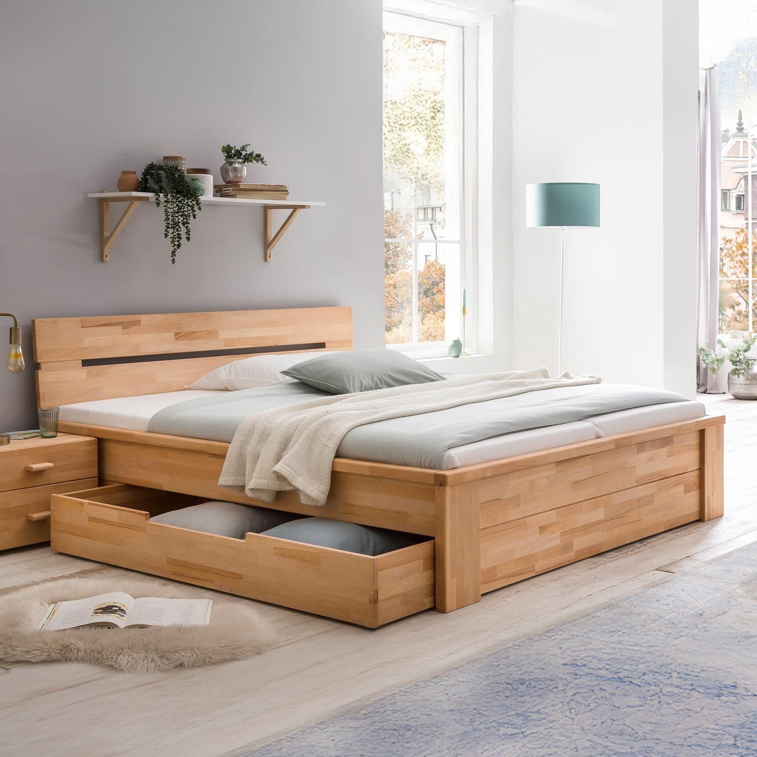Tamira Massivholzbett Doppelbett 140x200 cm Kernbuche geölt mit Schubladen Stauraum Natur Komforthöhe Parkettverleimt, Belastbarkeit: 160 kg, Bettgestell