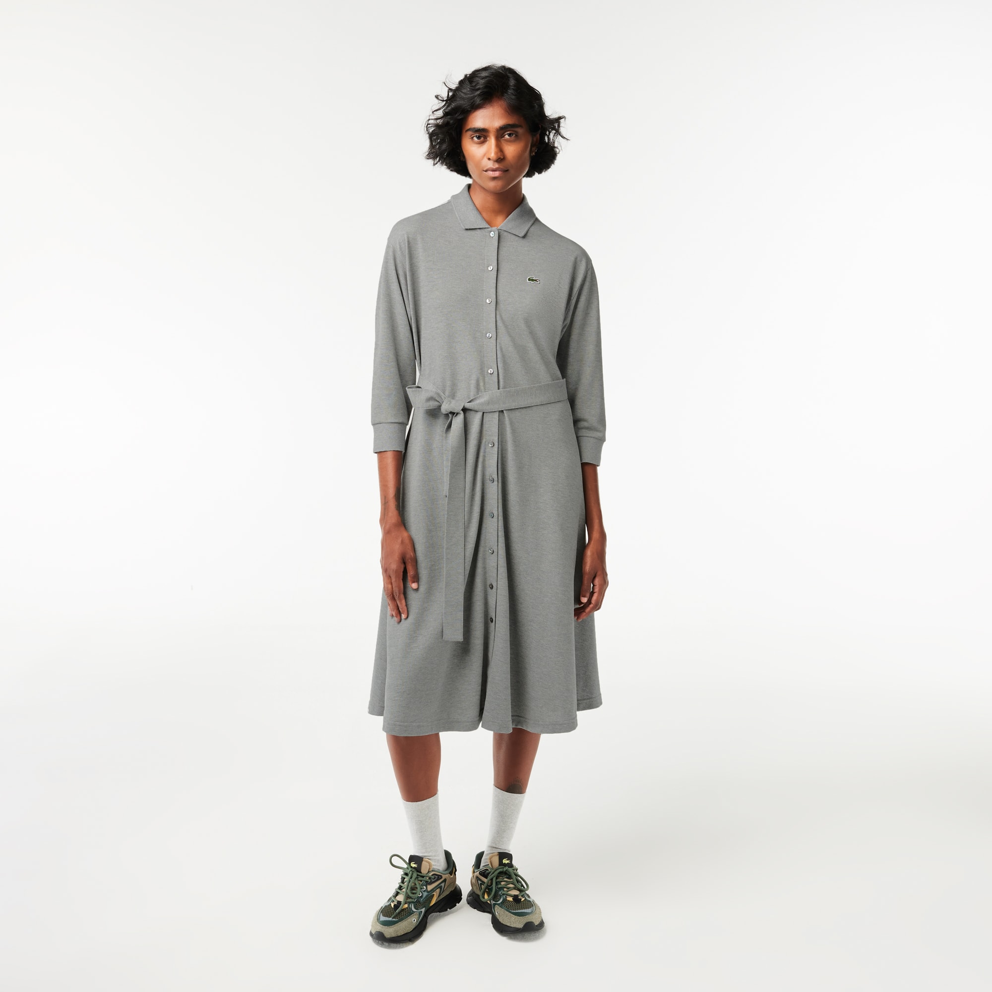 Robe polo ample ceinturée en petit piqué de coton Robes & Jupes - Gris - Lacoste - Femme