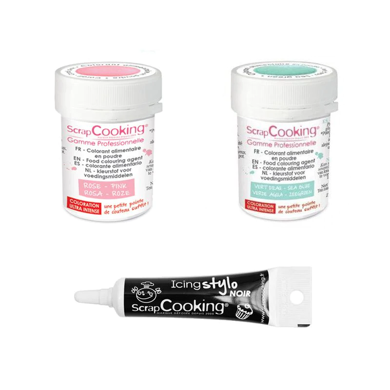 2 colorants alimentaires vert d'eau-rose poudré + Stylo glaçage noir S