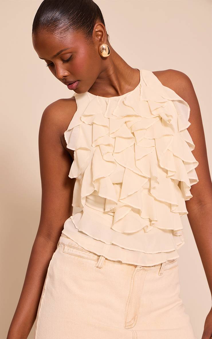 Crème Top Sans Manches En Mousseline À Détails Volantés