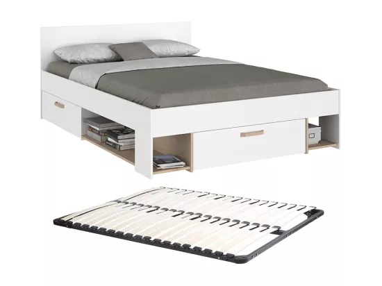 Lit 140 x 190/200 cm avec rangements - Blanc et naturel + Sommier - KINSELIA