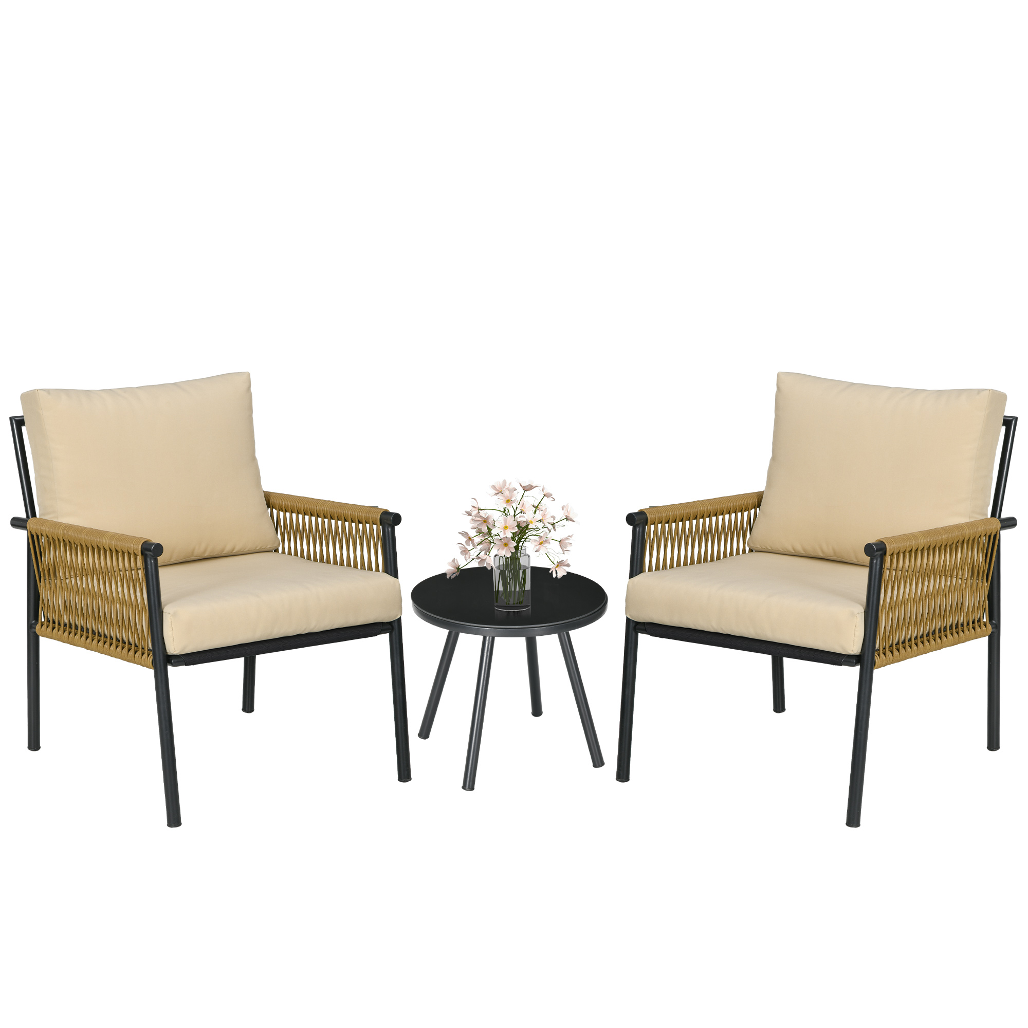 Conjunto de mesa e cadeiras para jardim externo Outsunny, 3 peças, em rattan, com 2 cadeiras e 1 mesa de centro em vidro temperado para pátio, gramado e varanda, nas cores preto e bege.