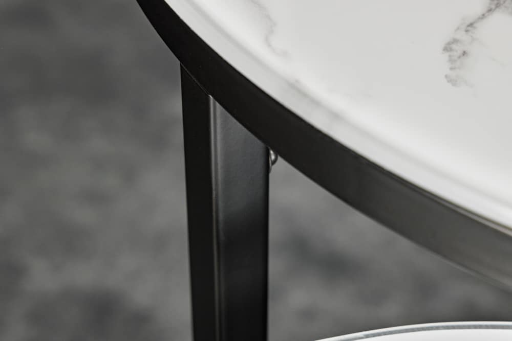Design Beistelltisch ELEGANCE 2er Set weiß rund Kristallglas mit Marmor-Dekor schwarzes Gestell