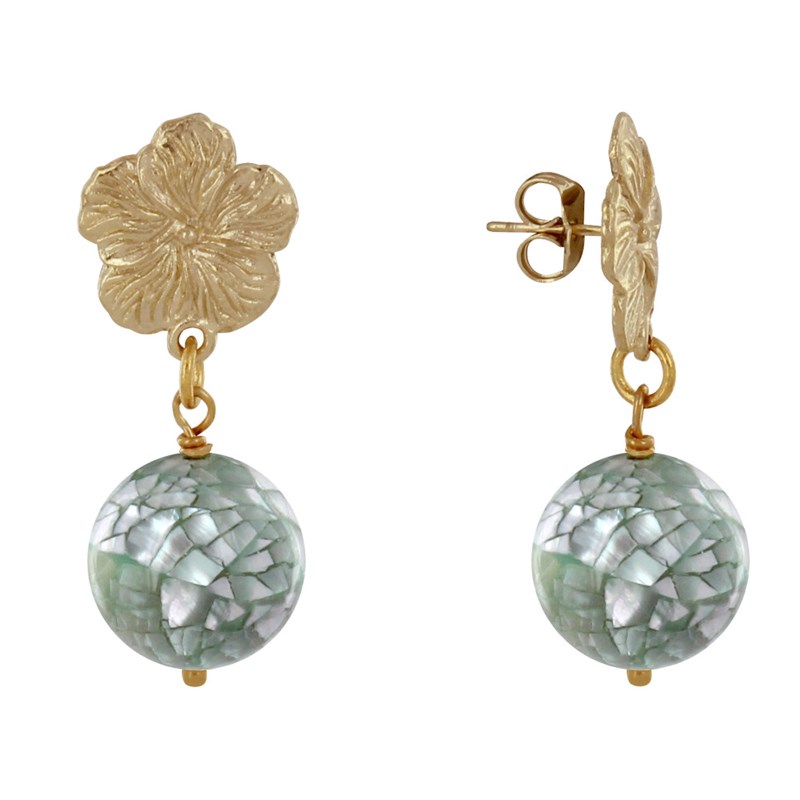 Boucles d'Oreilles Clous Métal Doré Fleur et Perle de Nacre Facettée