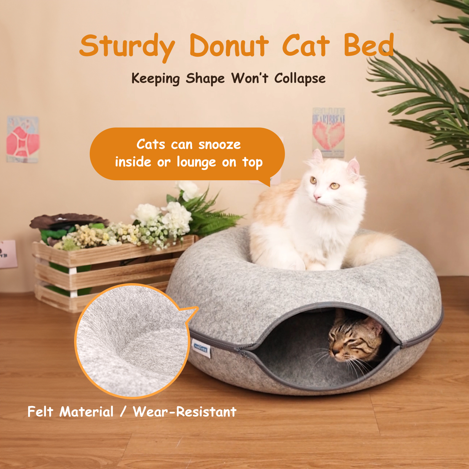 Túnel de feltro Nobleza para gatos, cama removível com zíper, casinha para gatos de interior.