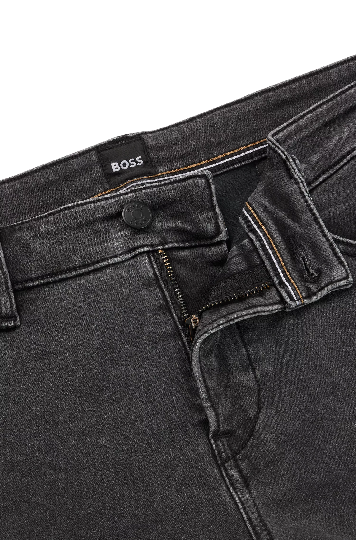Calça jeans BOSS preta, corte slim, em denim stretch preto.