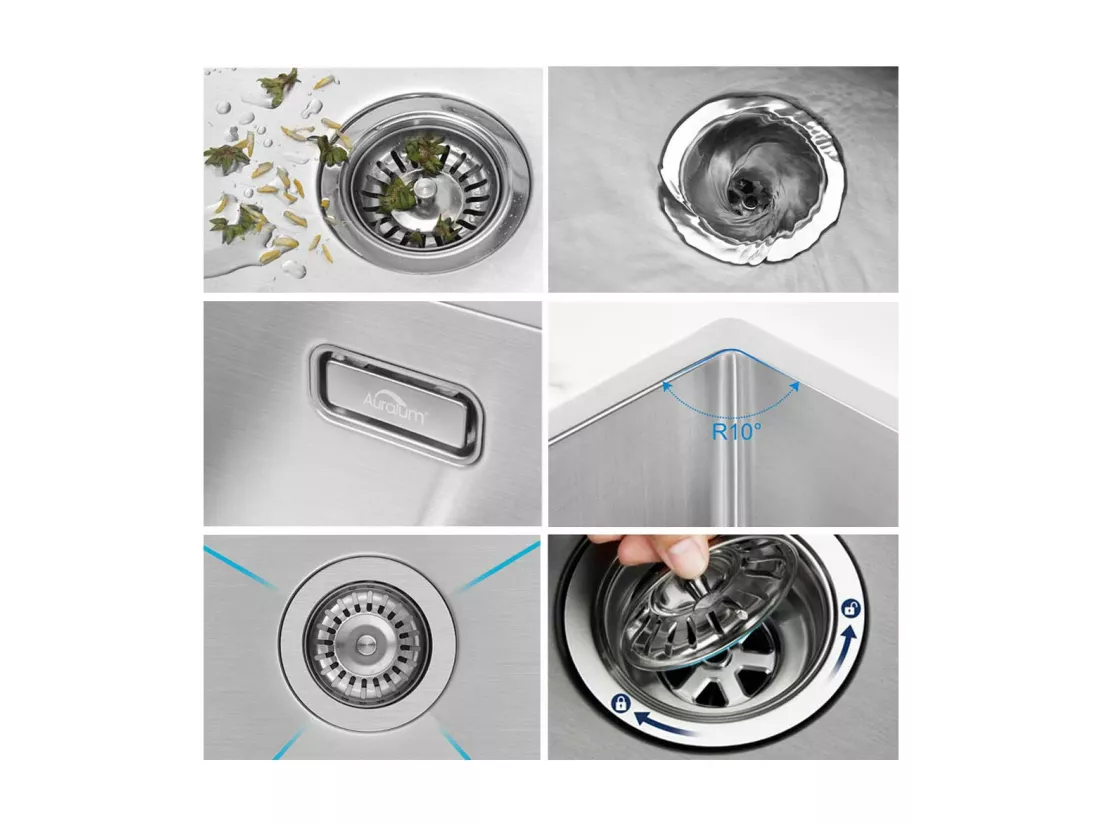 AuraLum Max Évier Cuisine 1 Bac 70*44*19CM Évier Montage à Encastrer,à Fleur/Sous-Plan Acier Inox 304 Évier Brossé avec Siphon/Trop-Plein,EU Modèle