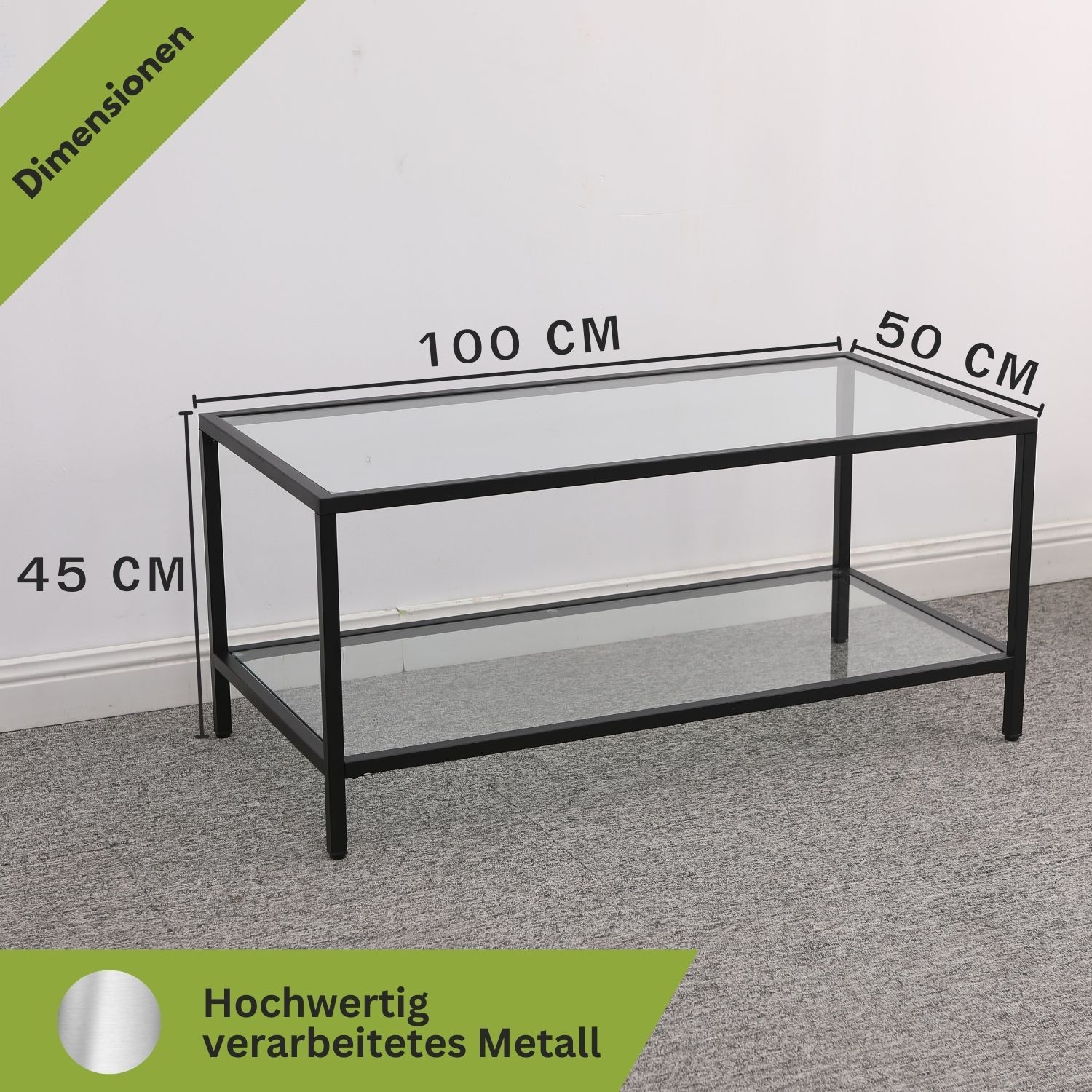 Mein-Regal Couchtisch Glasgow schwarz 100x50x45cm Metall Glasoberfläche Ablagefach