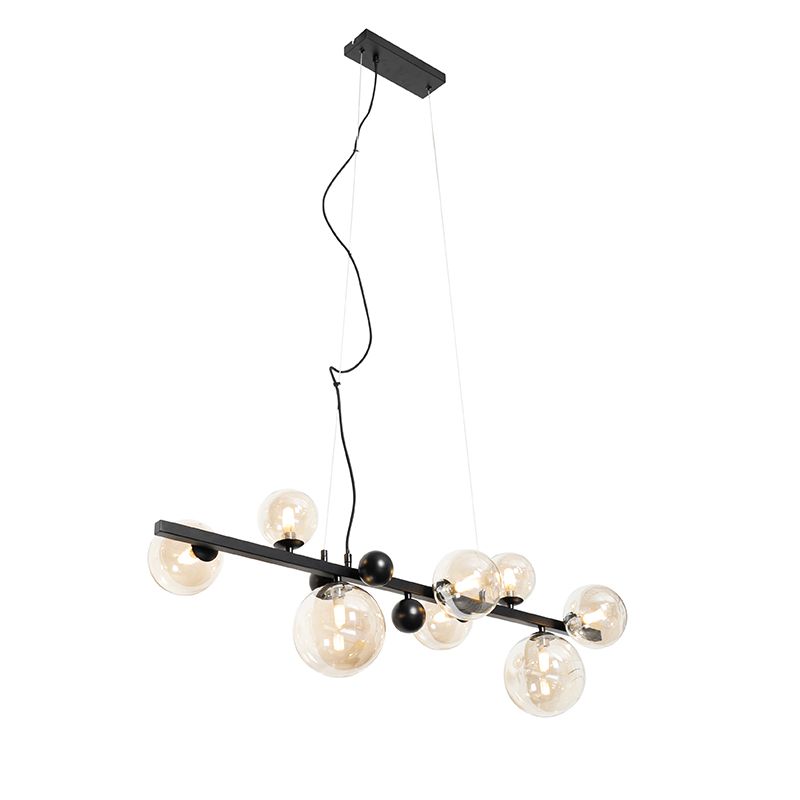 Art deco hanglamp zwart met amber glas 8-lichts - David