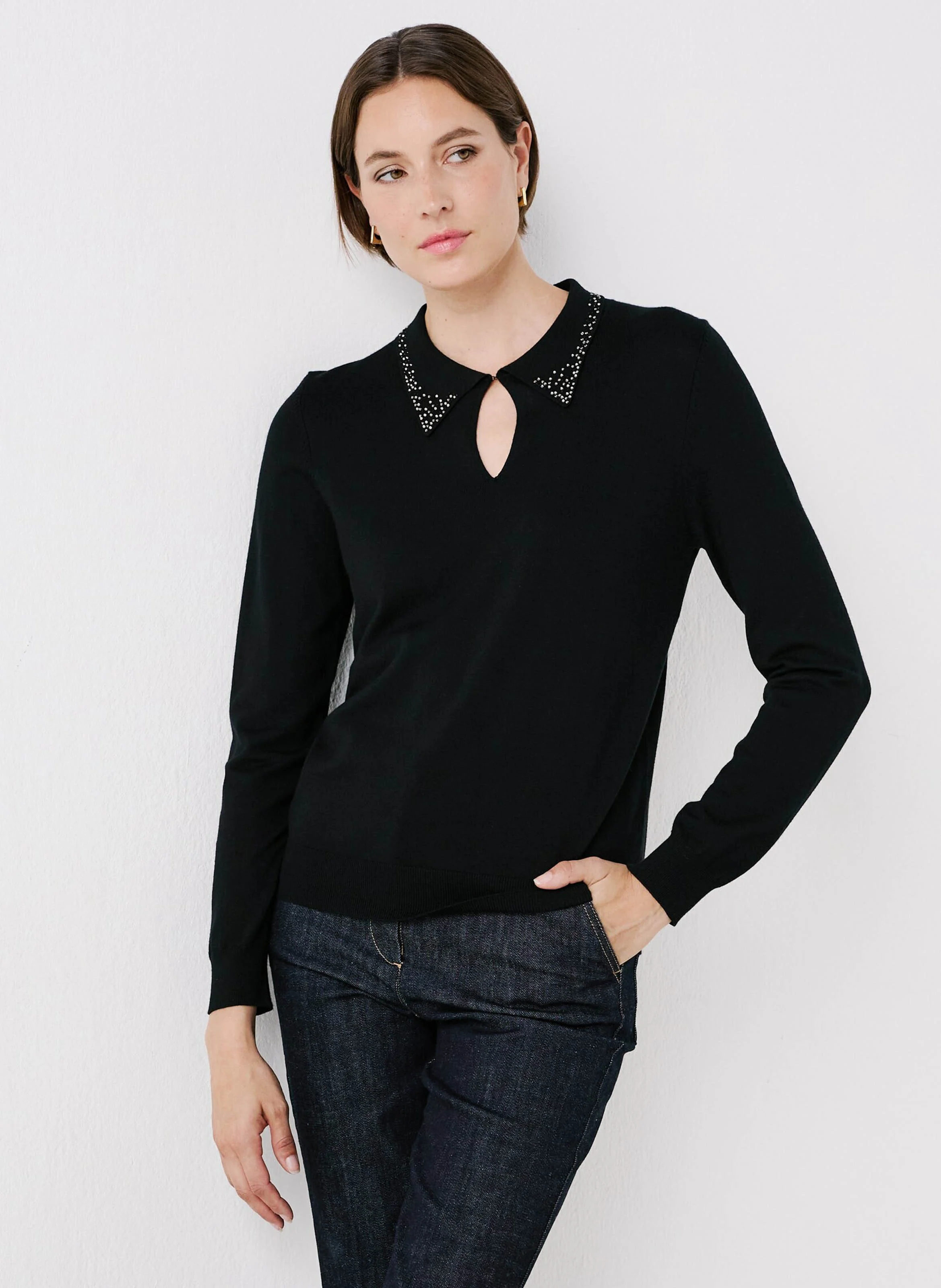 MSARAH - Pull col chemise à strass | Noir