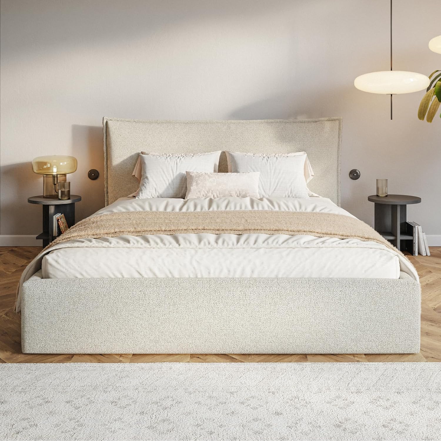 Leno Bett 140x200 Beige Strukturstoff, mit Stauraum, mit Kopfteil, mit Lattenrost, ohne Füße, ohne Matratze, Polsterbett 140x200 mit Bettkasten Beige (Creme)