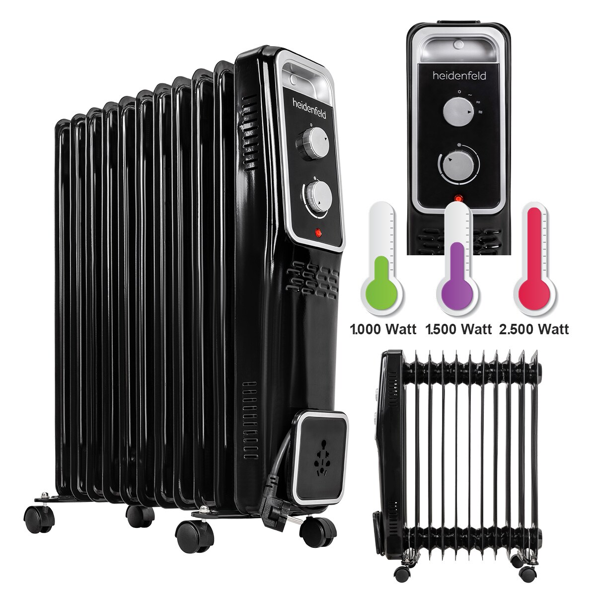 Heidenfeld Ölradiator ÖR100, Thermostat, 1000-2500 Watt, stufenweise Regulierung, 3 Jahre Garantie