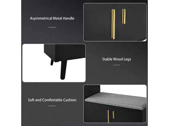 Armoire Banc à chaussures avec trois portes de rangement Avec poignées métalliques asymétriques Noir