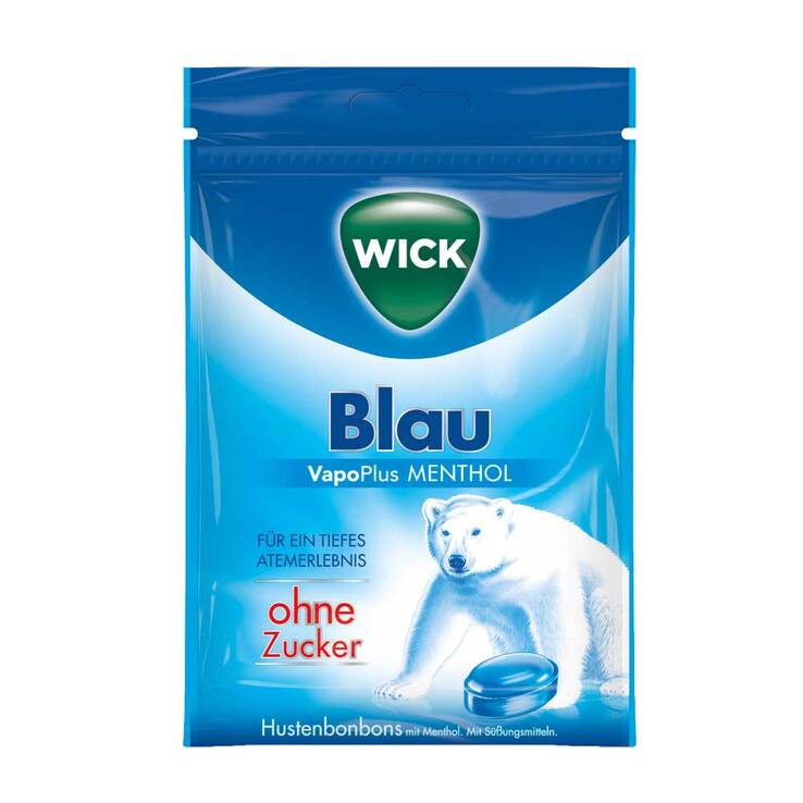 WICK BLAU Menthol Bonbons ohne Zucker Beutel, 72 g