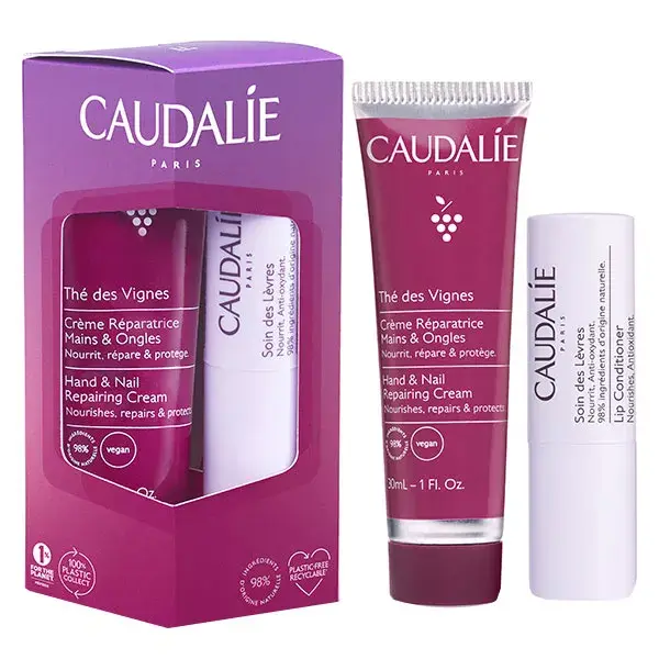 Conjunto de presente Caudalie Thé des Vignes: Creme reparador para mãos e unhas 30ml + hidratante labial 4,5g