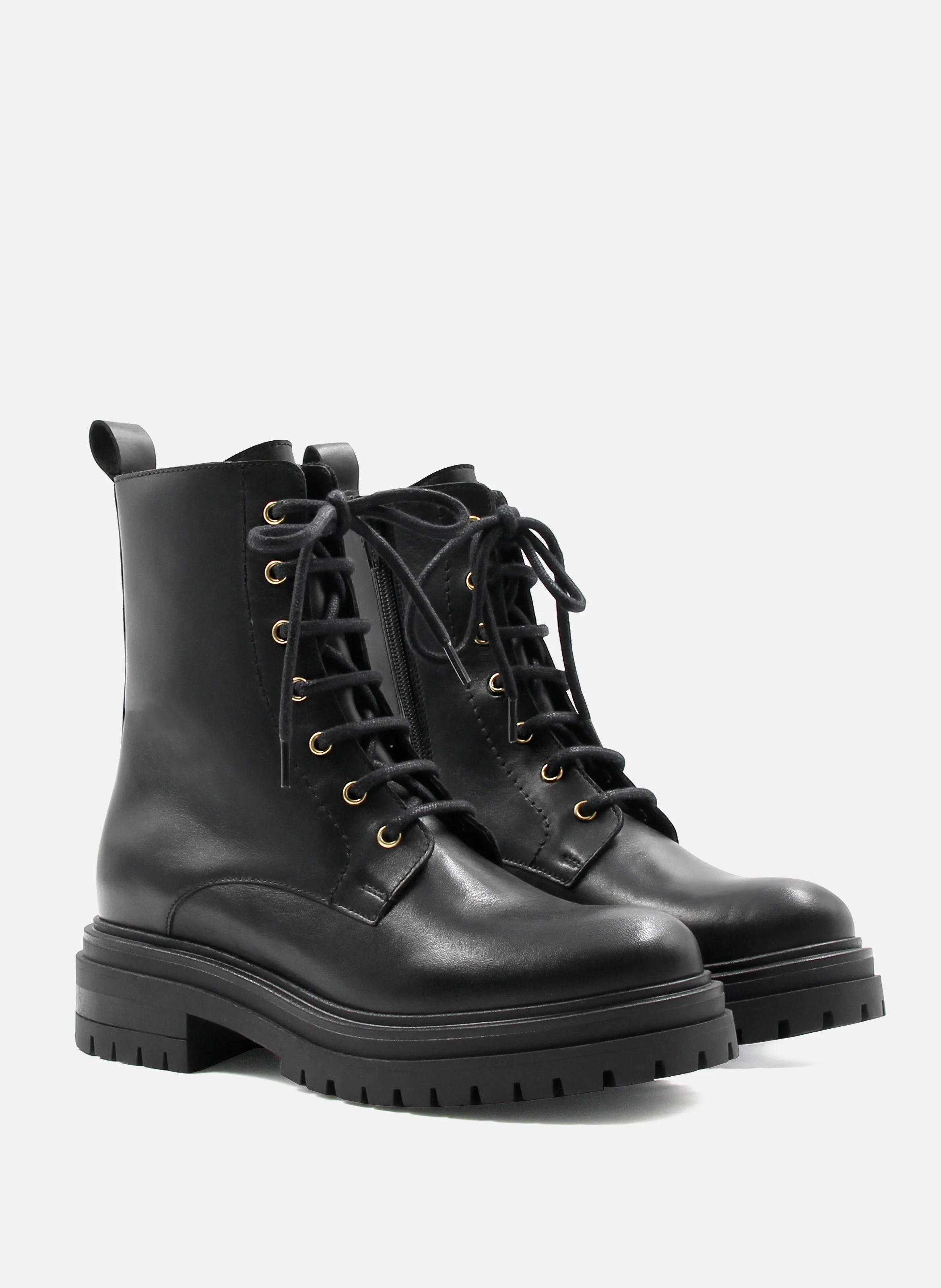 Bottines ranger crantées cuir lisse | Noir