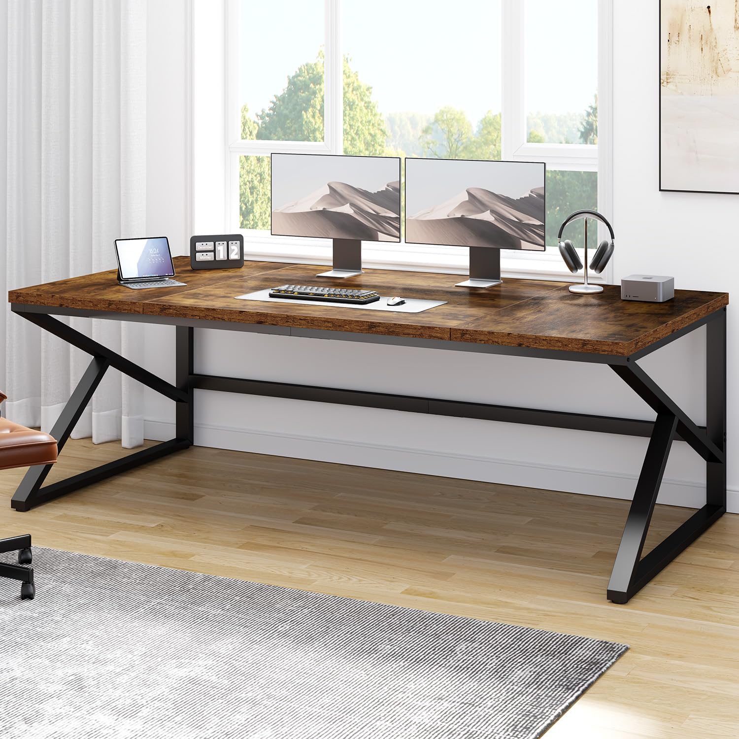 HSH Schreibtisch Großer Computertisch Bürotisch mit Metall und Holz für 2 Personen Extra Lang Schreib Studien PC Gaming Tisch für Homeoffice Schlafzimmer Wohnzimmer Rustikal Braun 180 cm