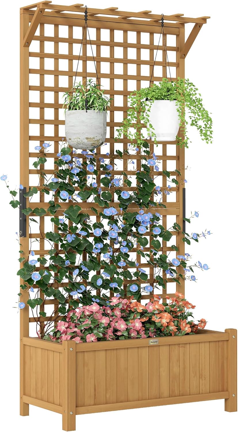 Outsunny Hochbeet Pflanzkasten mit Rankgitter, Spalier Pflanzkübel Blumenkasten Holz, Gartenspalier 90 x 45 x 183cm für Garten Balkon Terrasse, Blumenkübel für Kletterpflanzen Korbpflanzen, Blumen