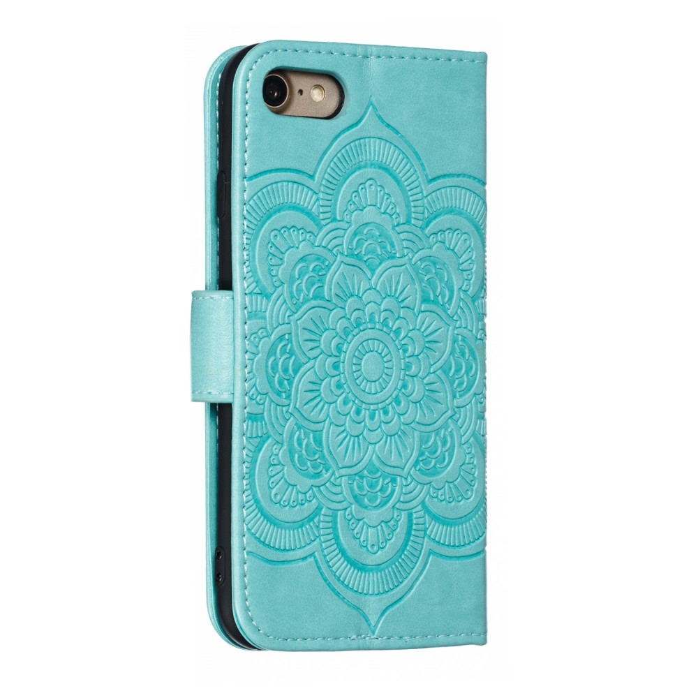 iPhone SE (2022/2020) / 8 / 7 Leder Tasche Wallet - Mandala Flowers Imprint - Türkis
