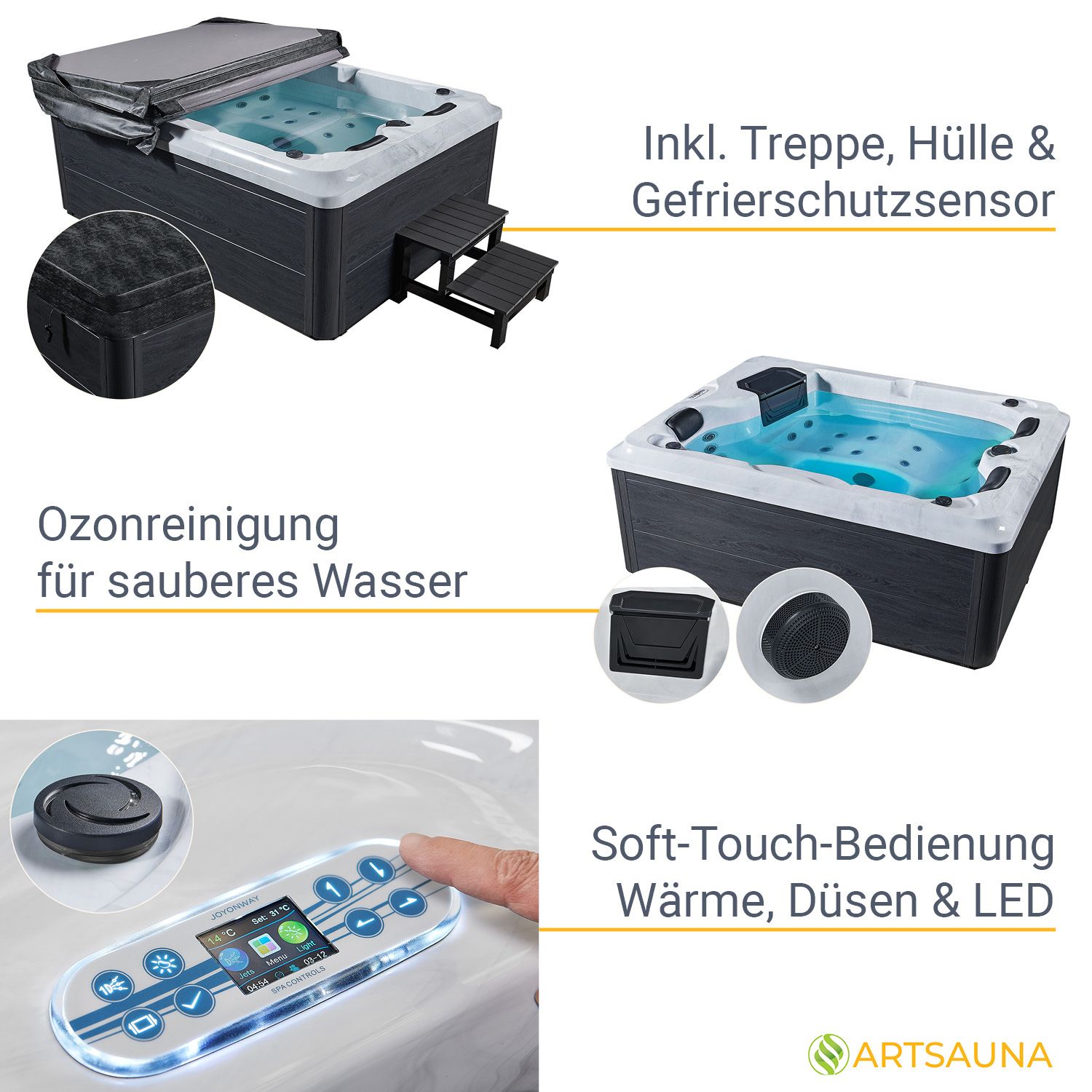 Artsauna Outdoor Whirlpool Oasis mit Treppe - Massagedüsen, LED Licht, Filter, Abdeckung & Heizung