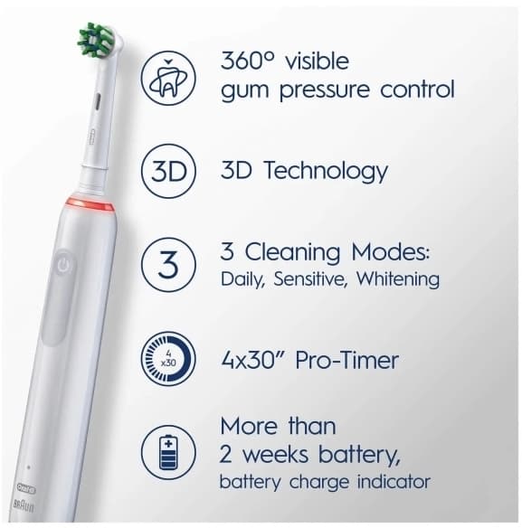 Oral-B Pro Sensitive Clean Pro 3, Voksen, Roterende vibrerende Tannbørste, Daglig stell, Sensitiv / Myk, Whitening, Hvit, 4 x 30 sec, Sensitive White