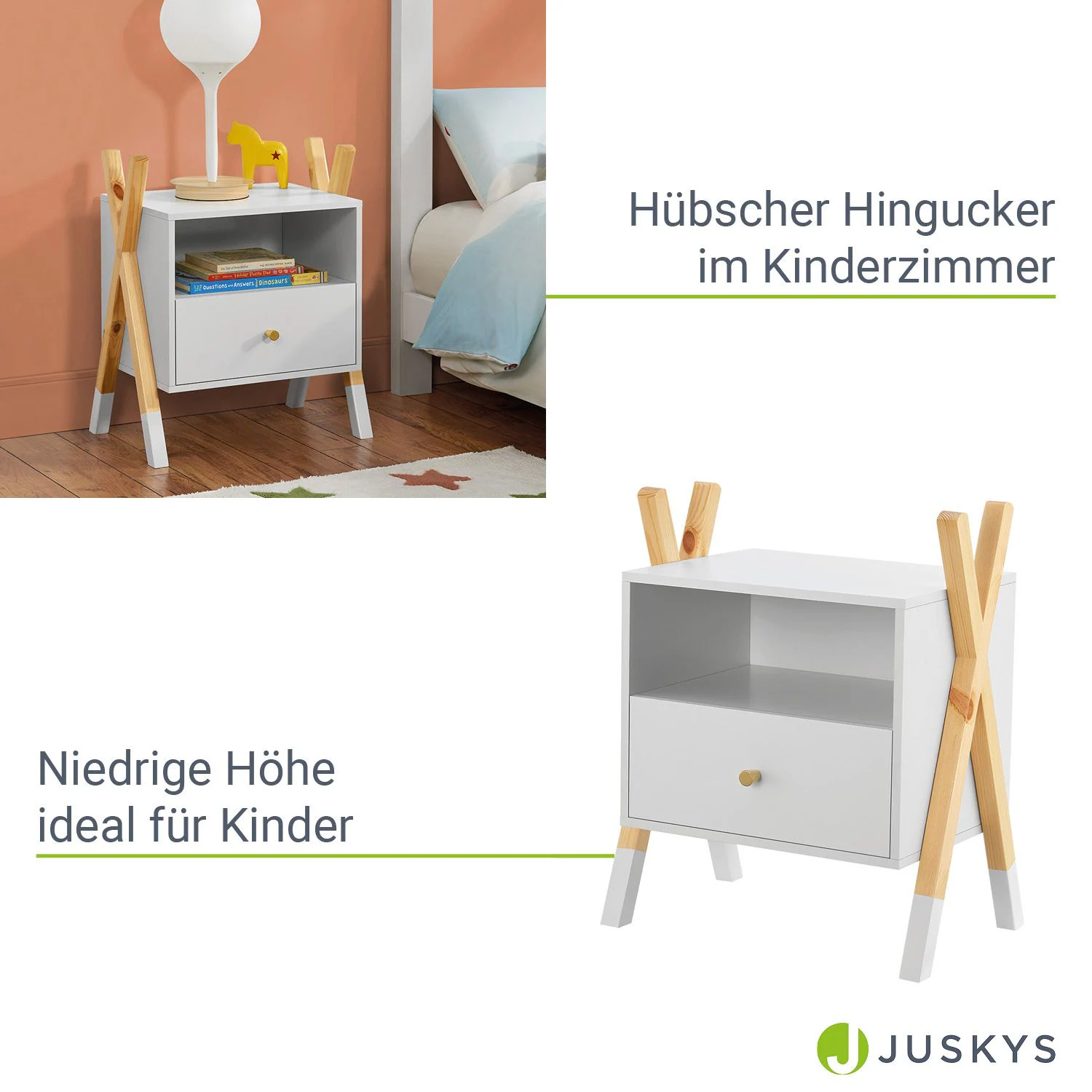 Juskys Kinder Nachttisch Jamie - Schublade, Ablage & Fach - kleiner Nachtschrank Holz - Kommode Weiß