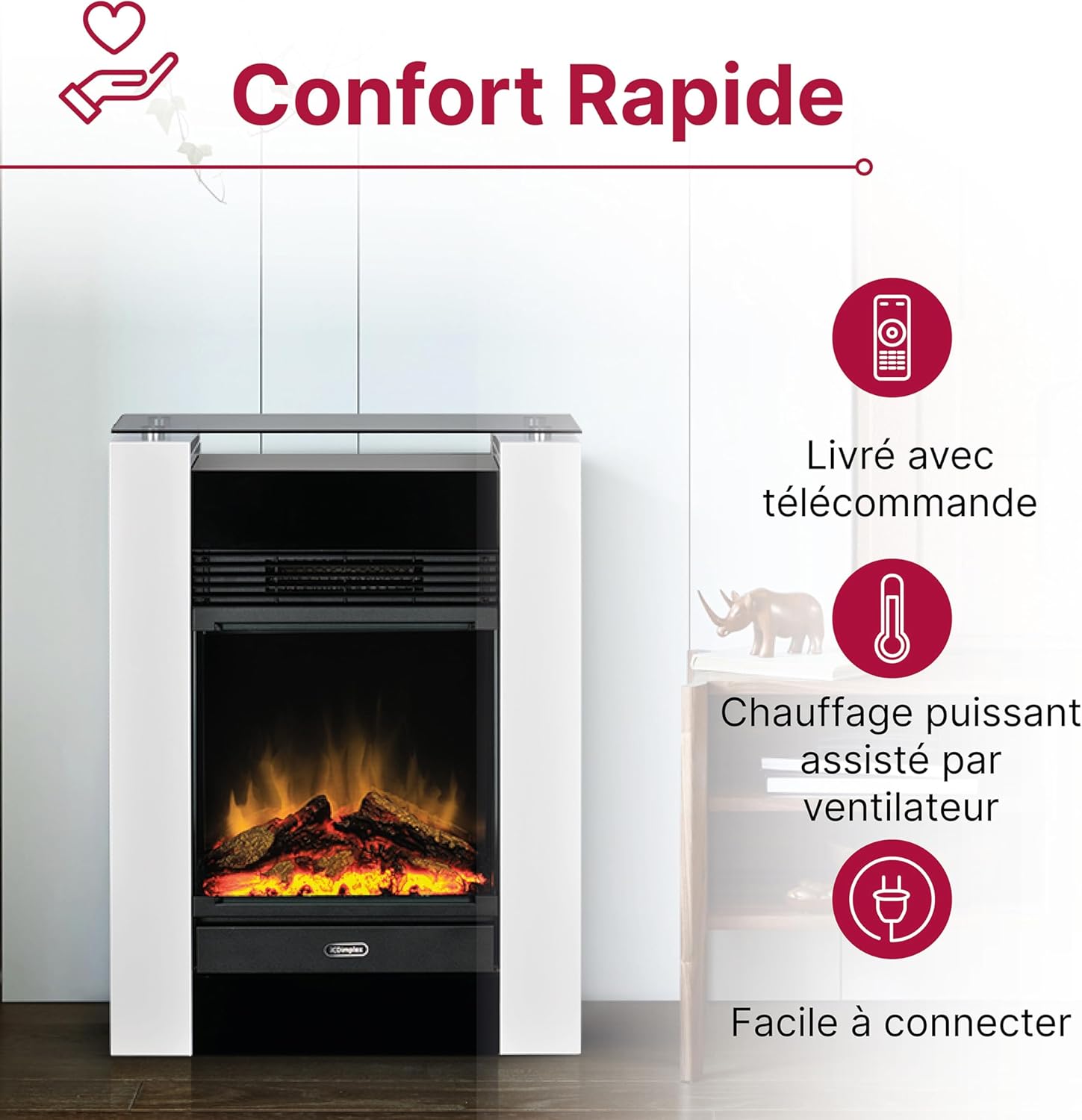 Dimplex Gisella Weiß, freistehender Elektrokamin mit Optiflame Effekt, Holzscheit-Glutbett, LED-Flammeneffekt, Einstellbarer Heizung, Thermostat und Fernbedienung. Glasablage