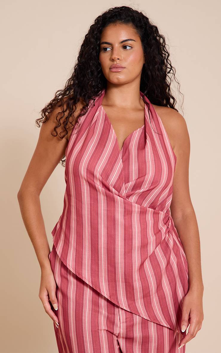 Rouge Haut Grande Taille À Col Licou Et Rayures Tennis Coordonné