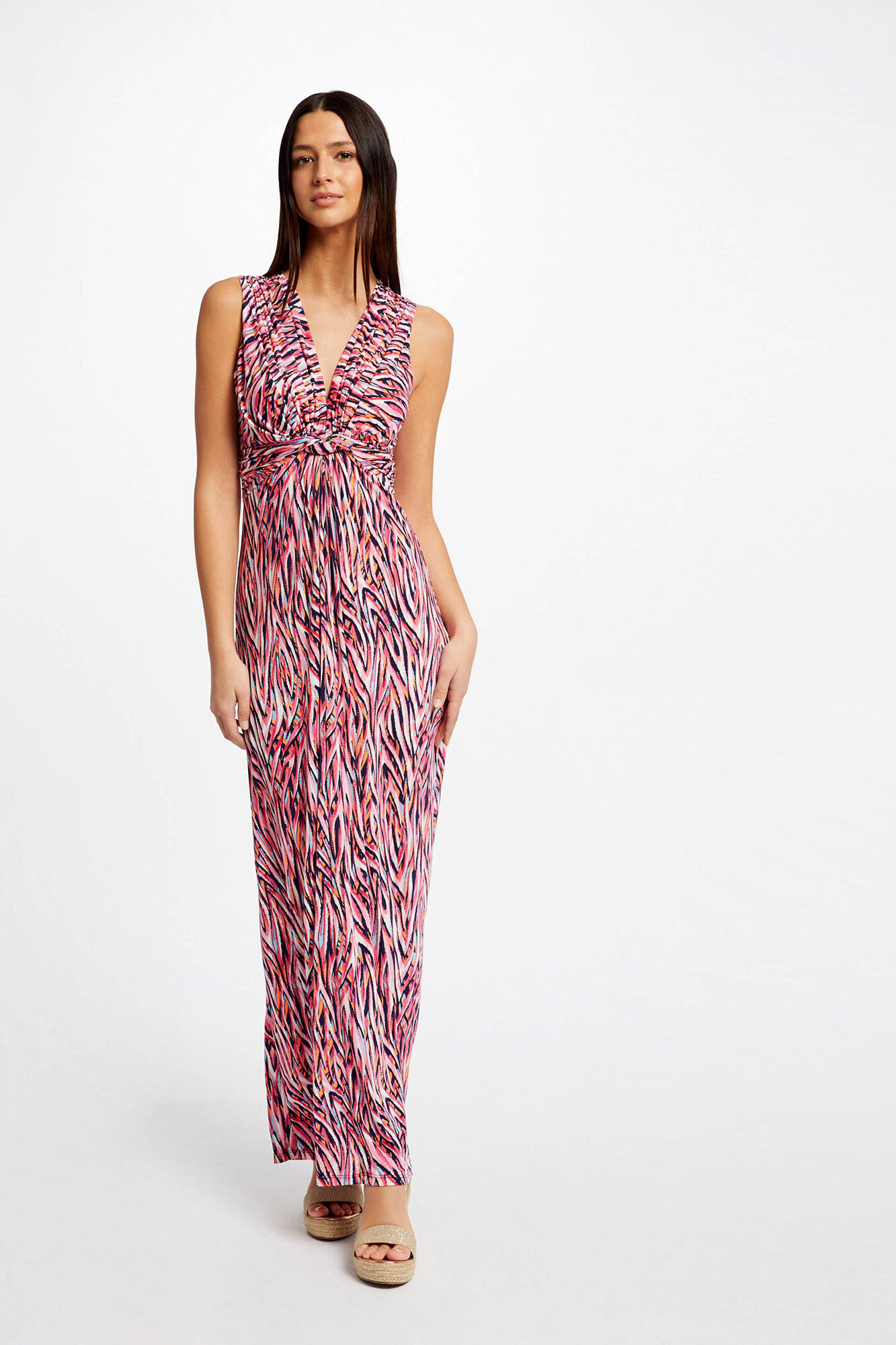 Vestido longo reto com estampa abstrata - Multicolorido