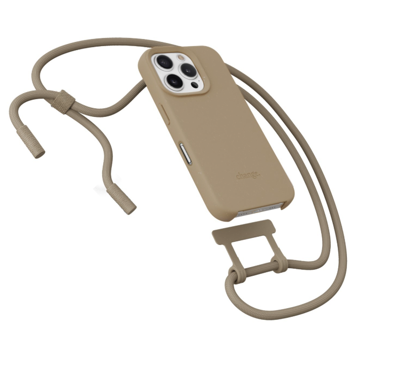 iPhone 16 Pro Max Necklace ChangeCase Antimikrobielle Hülle Vegan Biologisch Abbaubar   Abnehmbare Handykette (CHA281) - Taupe