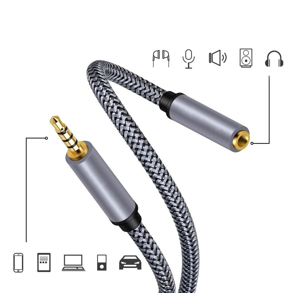 (10m) 3.5mm Audio Klinke Stecker Stereo AUX Nylon Verlängerungskabel mit vergoldeten Kontakten - Schwarz