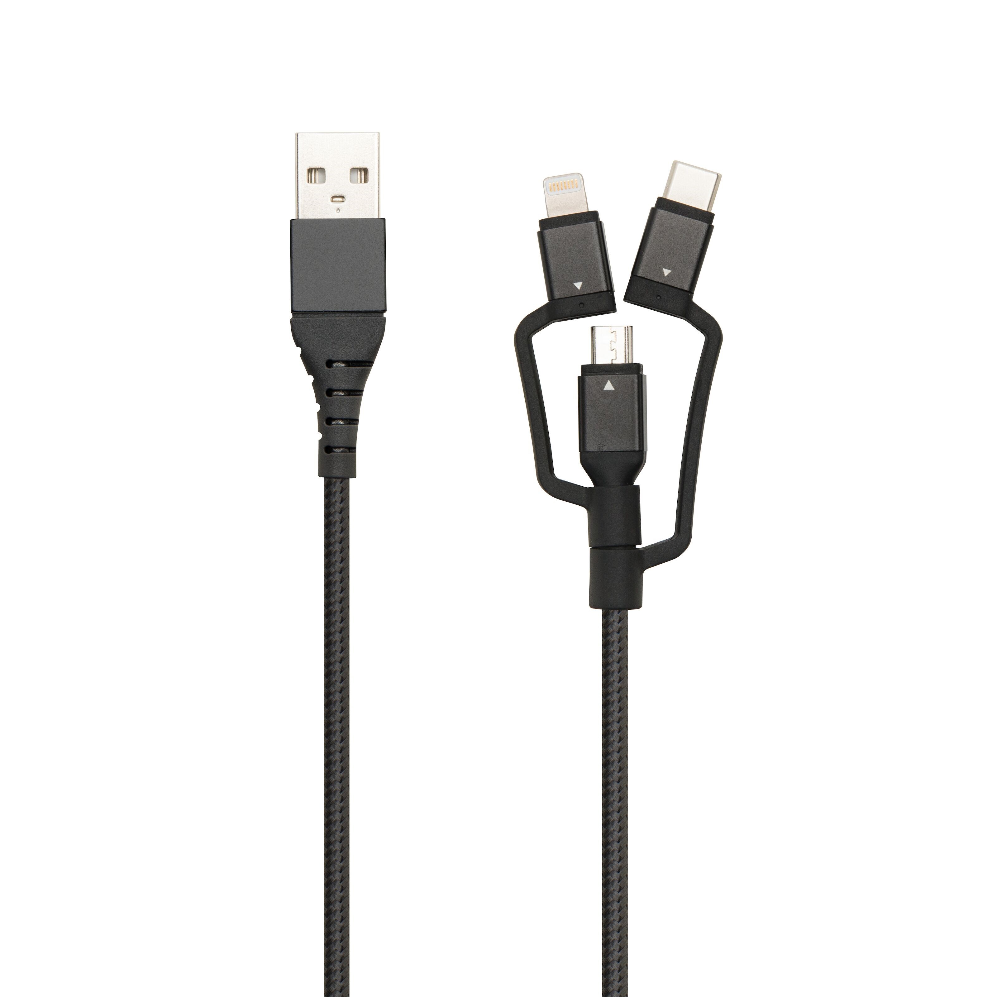 Linocell Premium Micro-USB-kabel med Lightning- og USB-C-adapter Svart