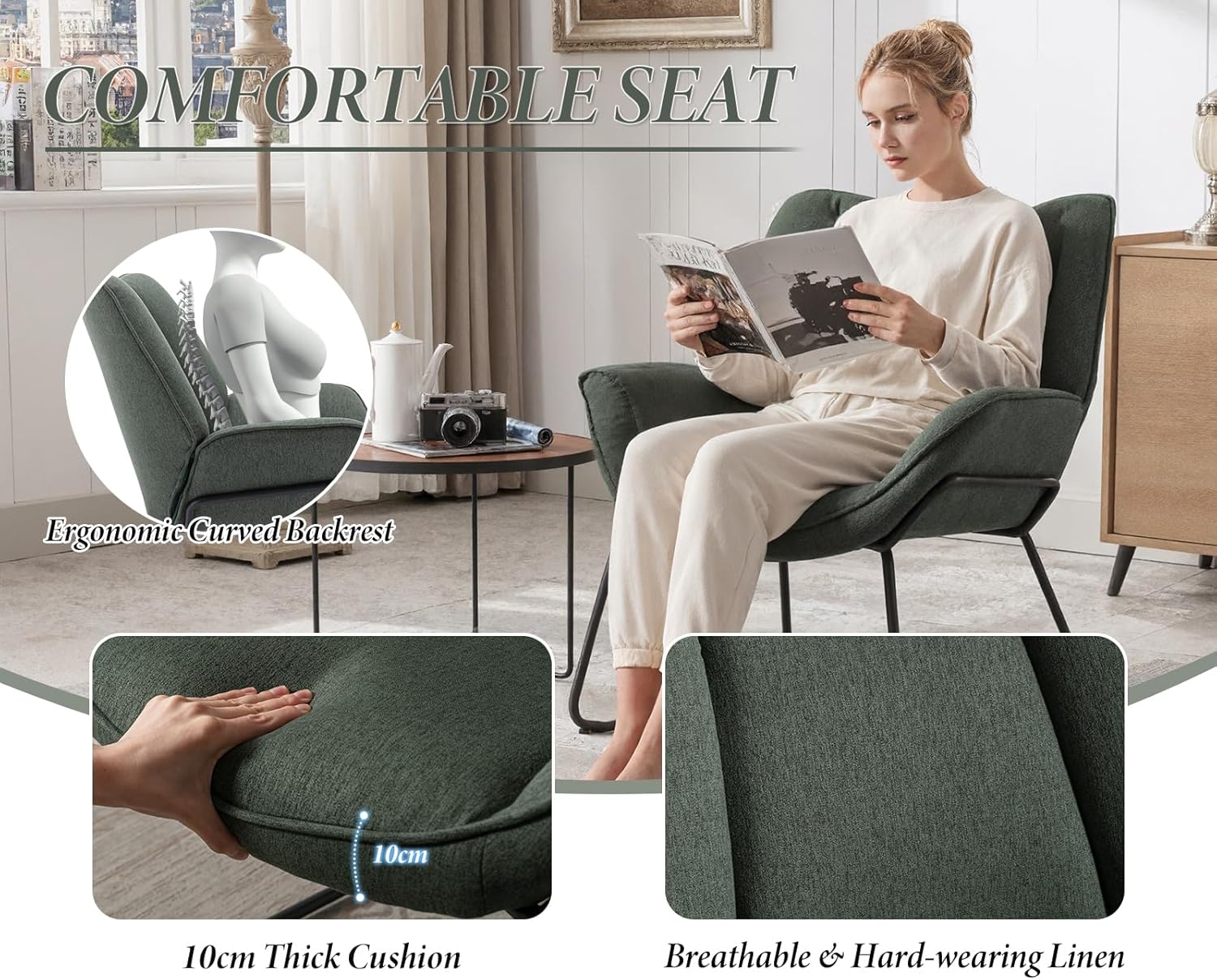 chairus Leinen Loungesessel für Wohnzimmer Balkon Modern Gepolstert Polsterstuhl Relaxsessel mit Metallbeinen (Grün)