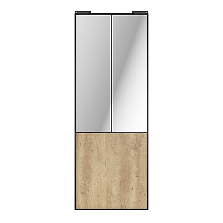 Porte de placard coulissante atelier effet chêne brut profil noir GoodHome Arius H. 248,5 x L. 91.2 cm + amortisseurs