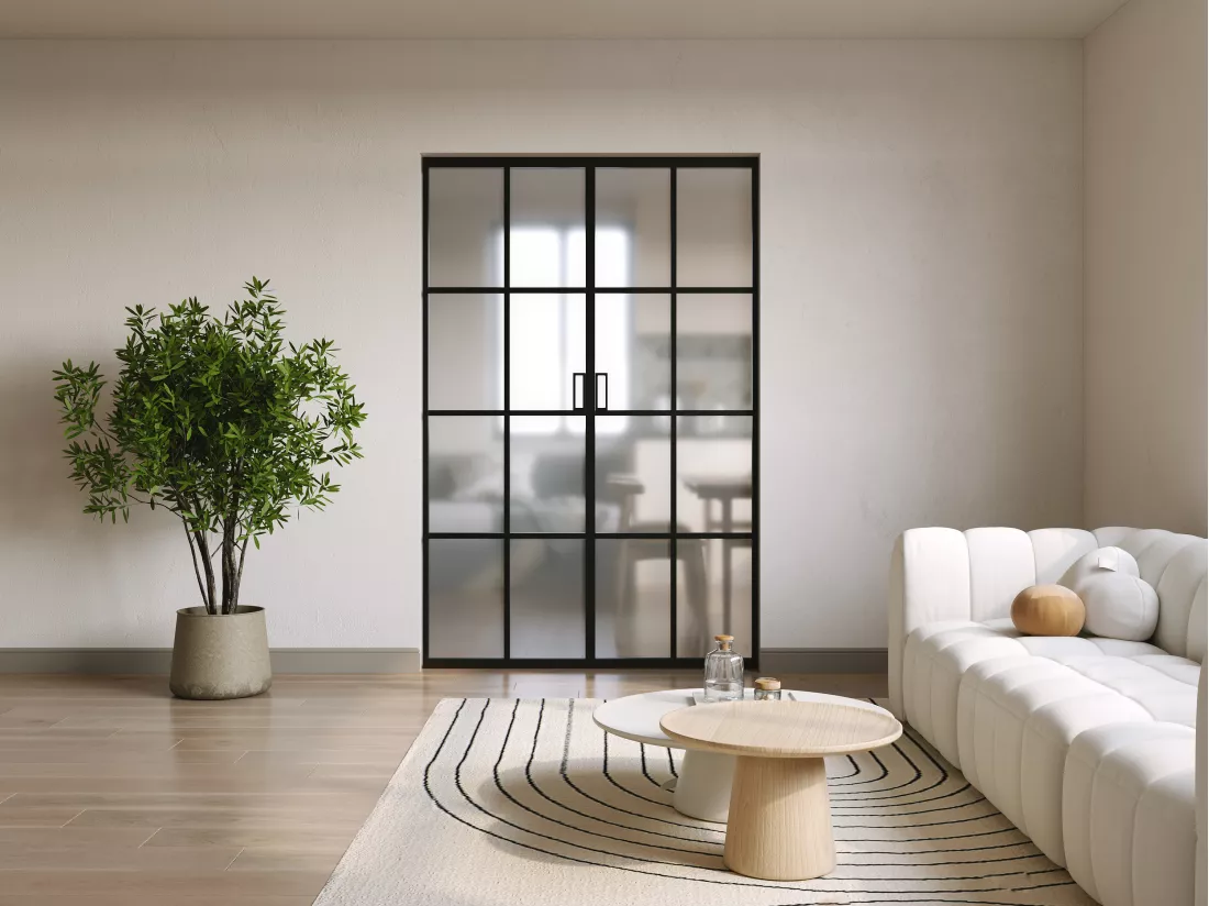Porte coulissante double avec système à galandage en aluminium et verre trempé dépoli - 2 x H205 x L93 cm - WILDEN II