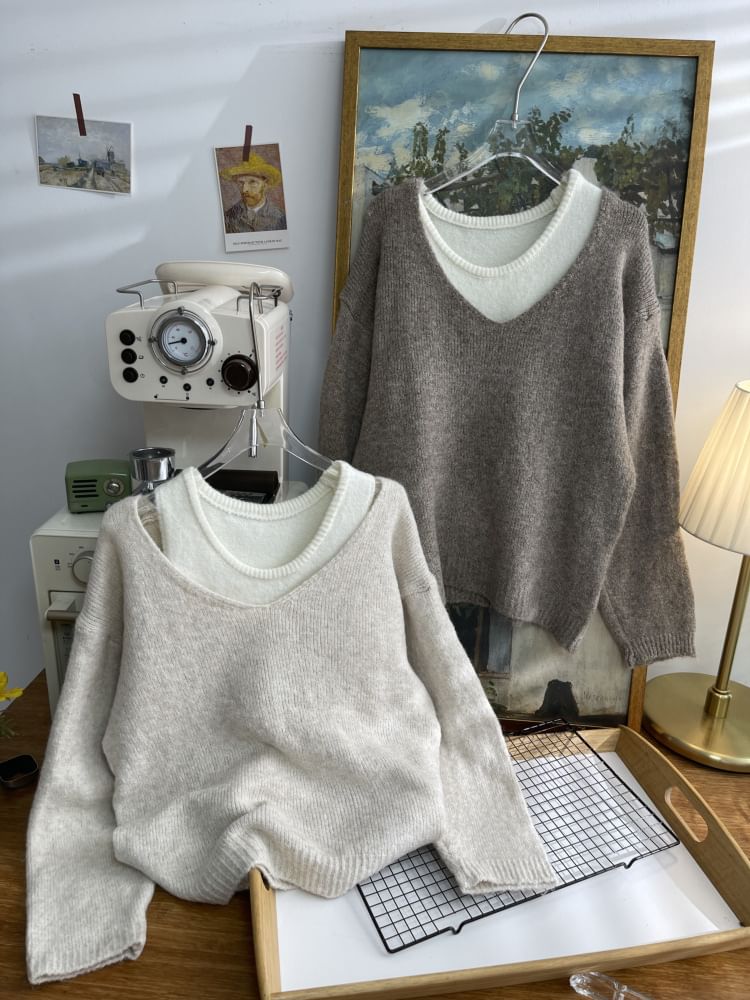 Kawaii Fairyland - Set: Scoop Neck Plain Knit Crop Tank Top + V-hals Trui