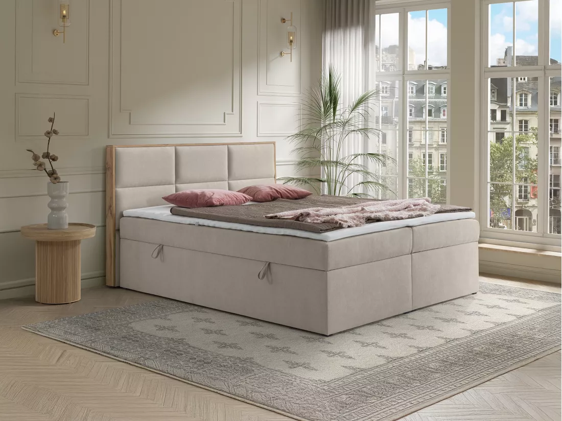 Ensemble complet literie déco tête de lit encadré bois + sommiers coffre + matelas + surmatelas - 180 x 200 cm - Tissu - Beige - SIAKI de YSMÉE