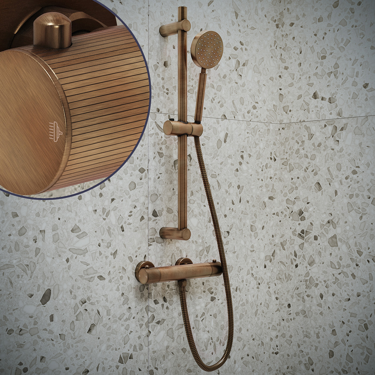 Saniclear Antique Stripes doucheset verouderd messing met thermostatische kraan, handdouche en glijstang