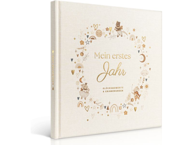 Eulentaler Babyalbum Scandi Gold Leinen, 92 Seiten Liebevoller Erinnerungsschatz fürs erste Babyjahr