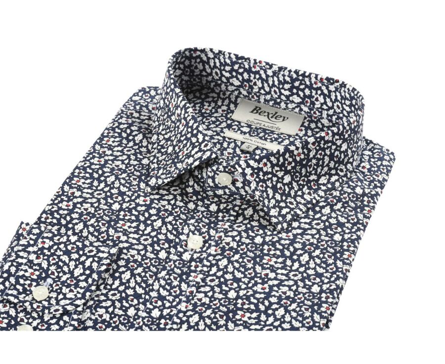 Chemise coton bleue imprimée fleurs blanches et rouges - VICTORIEN