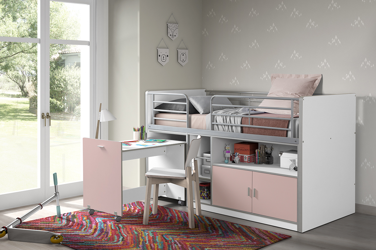 Funktions-Hochbett BONNY - weiß-rosa - mit Schreibtisch - 90x200 cm