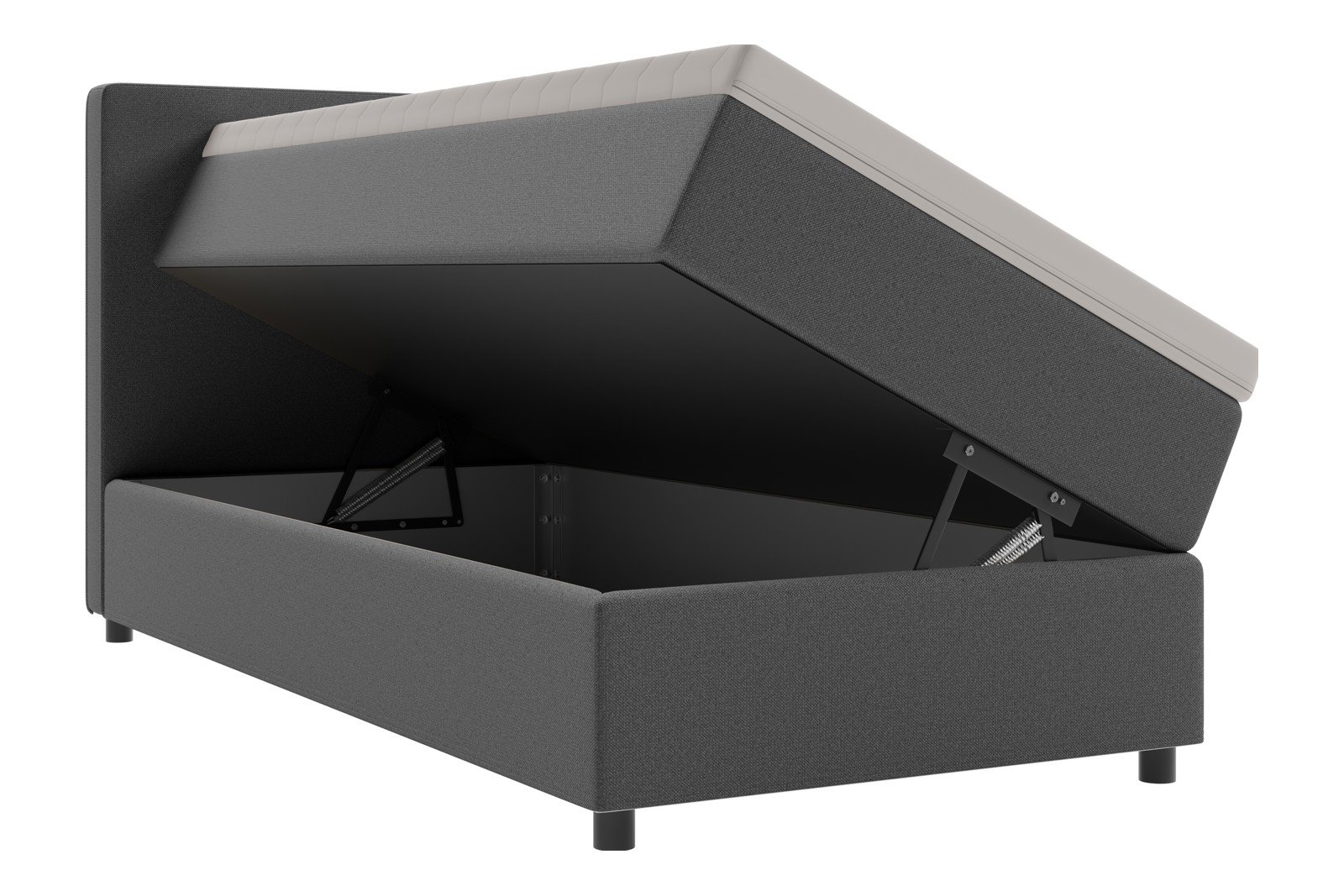 Premium 10 oppbevaringsseng 90x200 cm Magasinseng med oppbevaring, åpnes fra siden. I tekstil terranova 9 grå, med fast fasthetsgrad og premium 10 overmadrass,sorte ben. Sengegavl selges separat.
