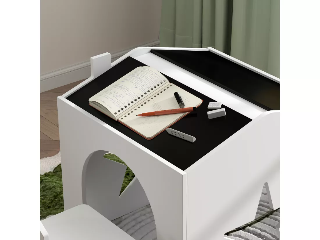 Ensemble 1 table et 2 chaises enfants avec plateau de tableau noir, pieds en pin, pour 3-8 ans, blanc