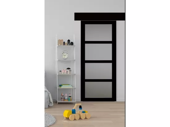 Porte Coulissante Telia Noir Vitrée H204 X L73 + Rail Alu Bandeau Noir Gd Menuiseries