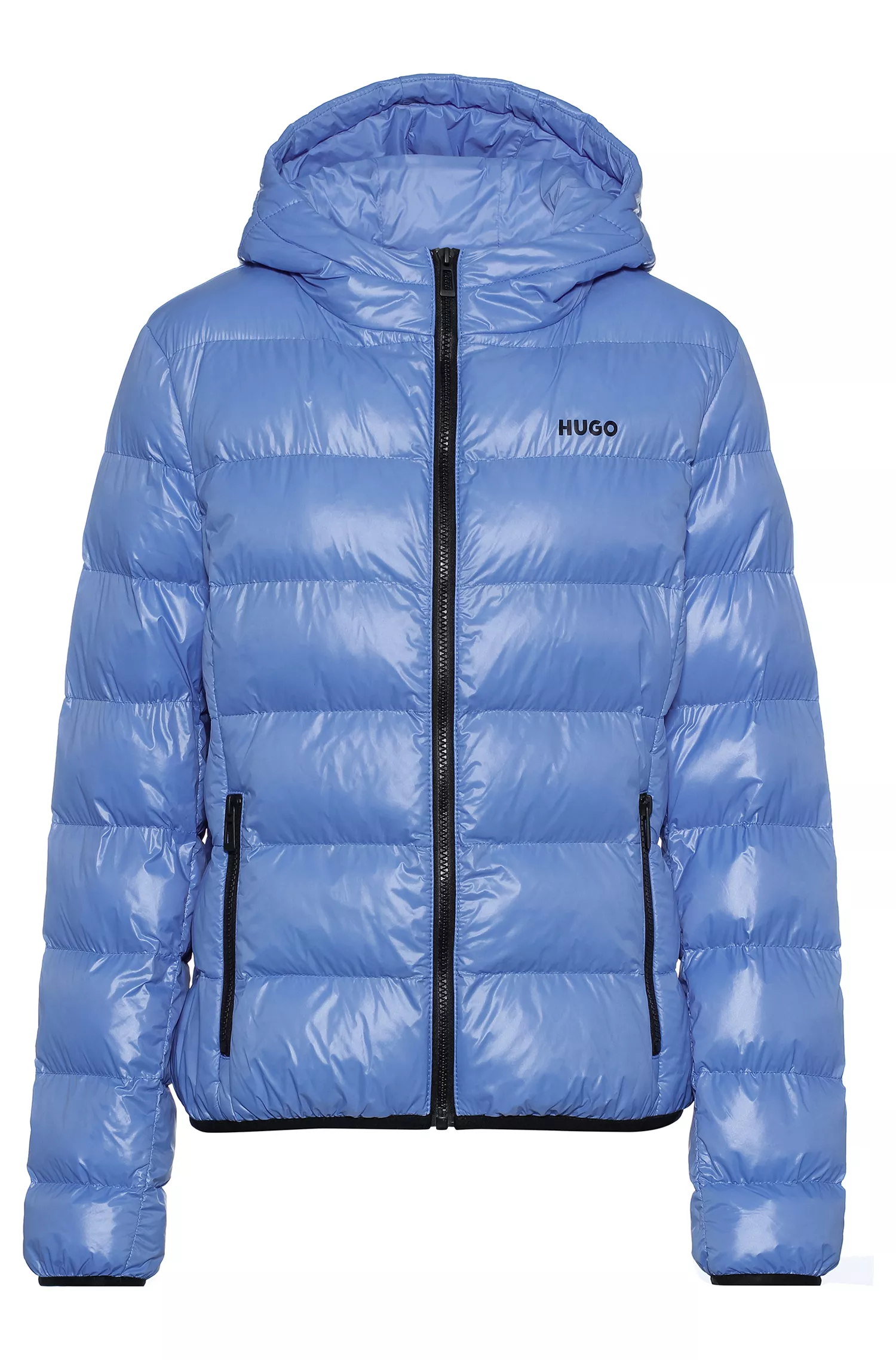 Jaqueta puffer HUGO vermelha, impermeável, com estampa do logotipo.