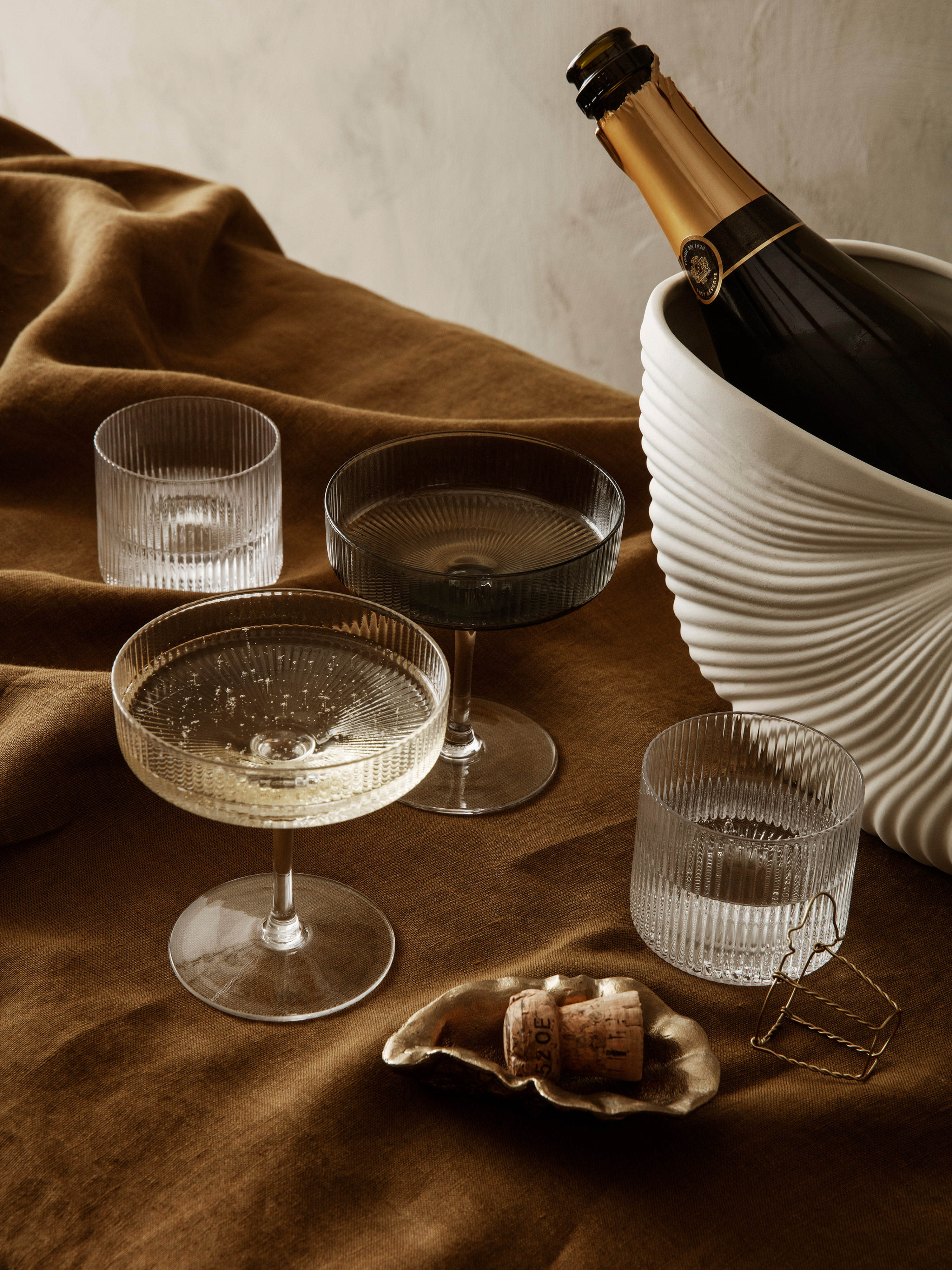 Mondgeblazen champagneglazen Ripple met groefreliëf, 2-delig