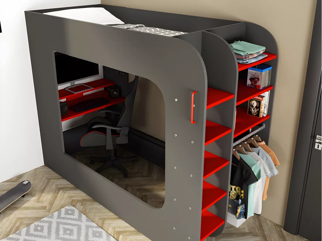 Lit mezzanine gamer 90 x 200 cm - Avec bureau et rangements - Avec LEDs - Anthracite et rouge + matelas - WARRIOR