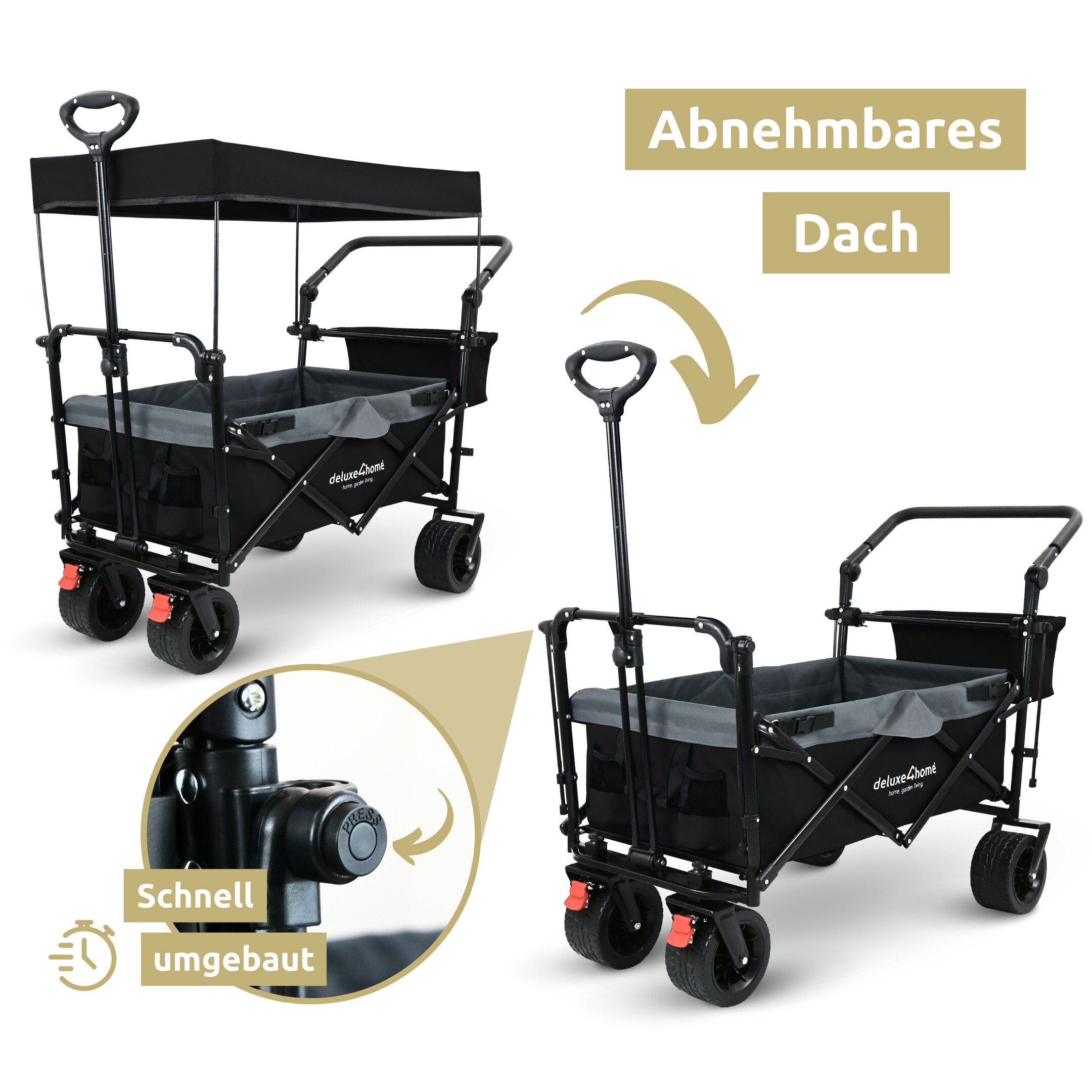 deluxe4home® Bollerwagen faltbar mit Breiten Reifen und Dach | Schwarz/Grau